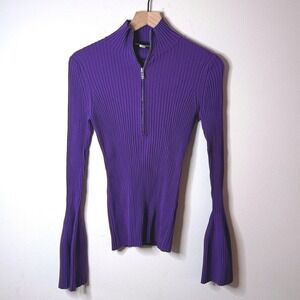 Proenza Schouler Ribbed Knit Bell Sleeve Half Zip Sweater Purple‎ Sz Med $790